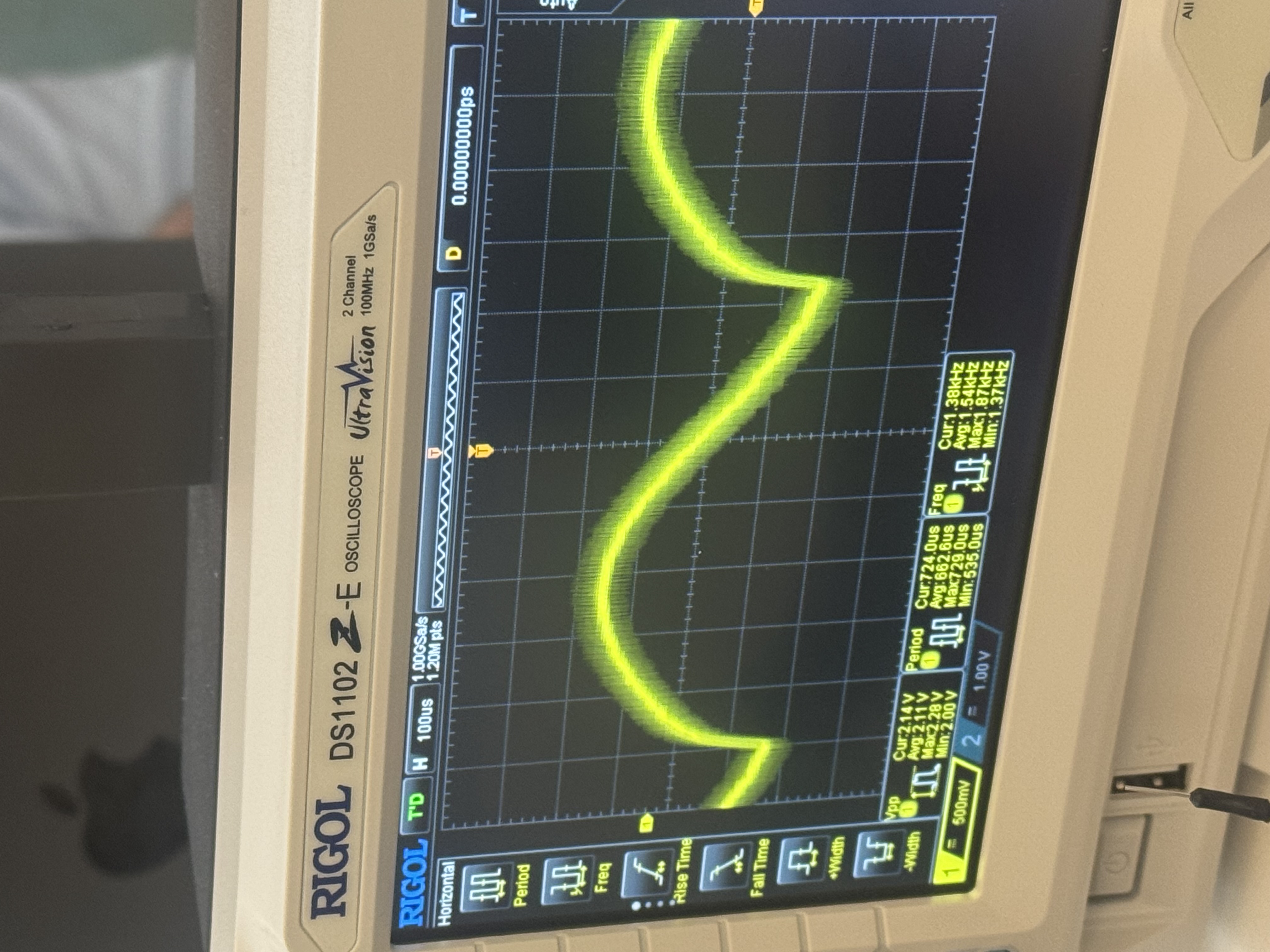 Oscilloscope trace of a warped, sagging sine wave produced by CPU bit-banging