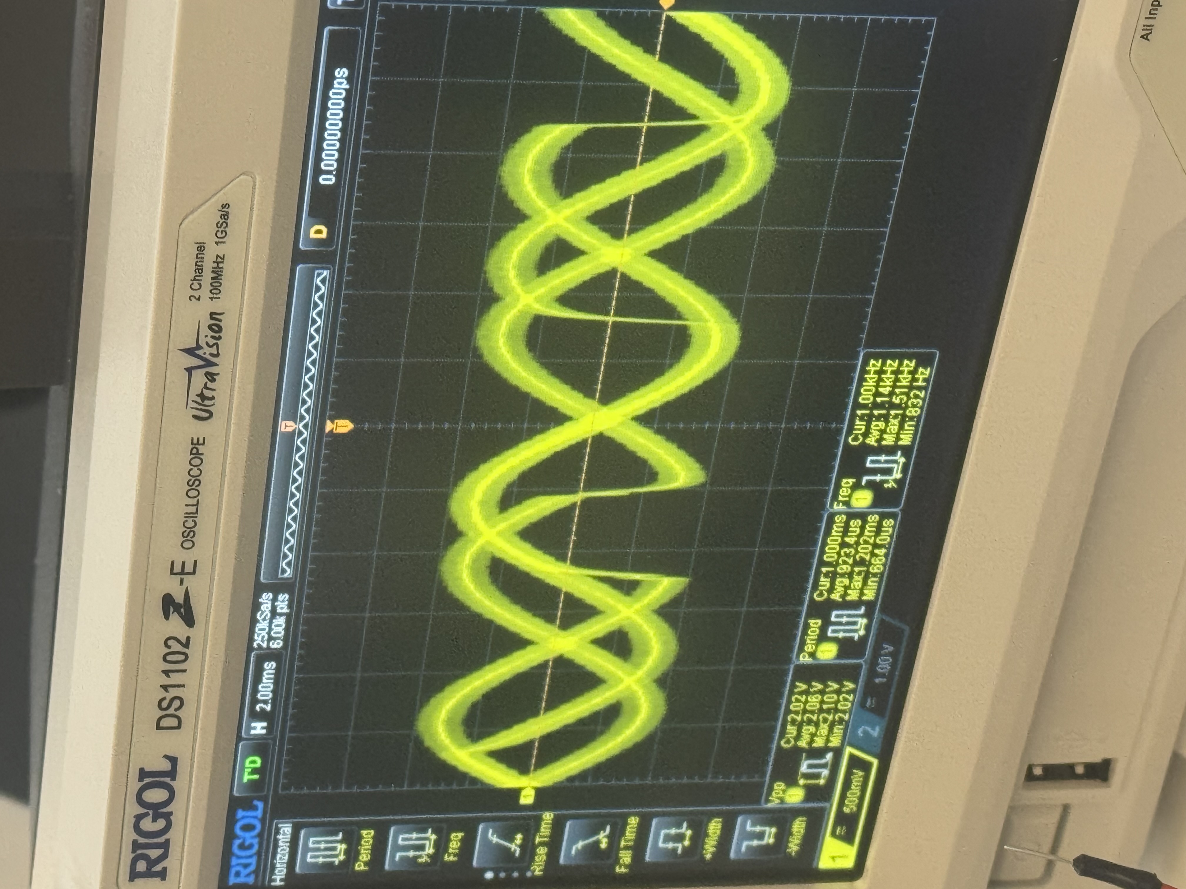 Oscilloscope showing many overlapping, jittering sine traces