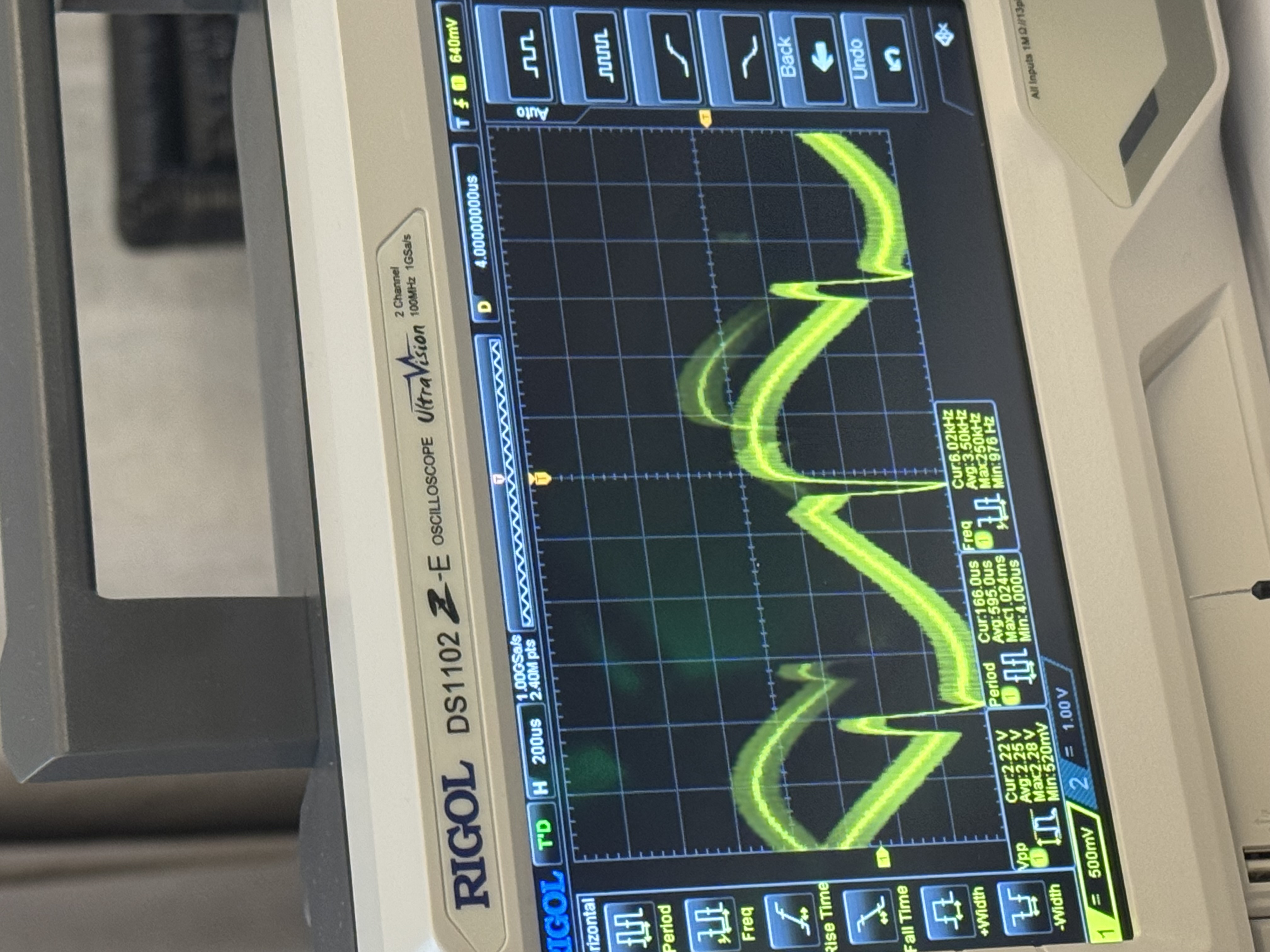 Oscilloscope trace breaking into jagged, glitchy steps